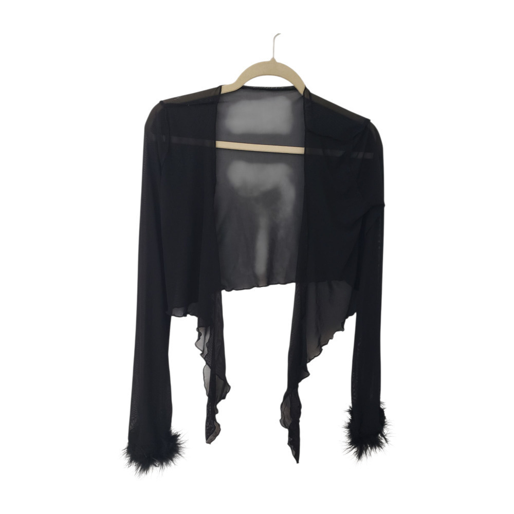 Black Sheer Tie Front Cardigan Jacket Cropped Real Feather Cuffs Tie Front sz s - Picture 9 of 16